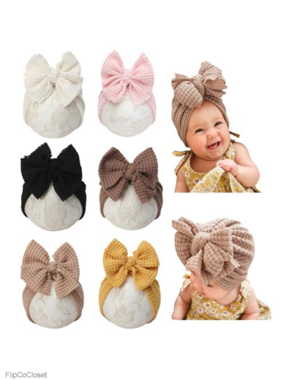 Baby Girls Hair Bow Turban Hat Set Knit Waffle Beanie Head Wrap